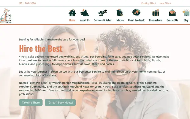 Homepage of 4 Pets' Sake Pet Care – cat sitter in La Plata, MD