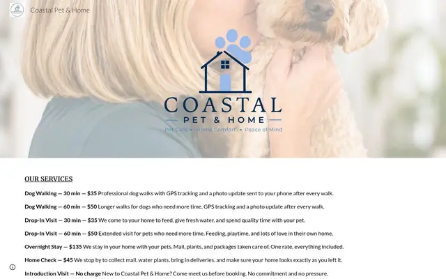 Homepage of Coastal Pet & Home – cat sitter in Jacksonville Beach, FL