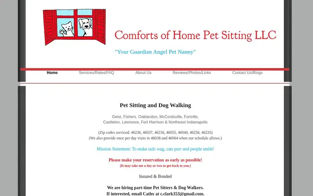 Homepage of Comforts of Home Pet Sitting LLC – cat sitter in Indiana