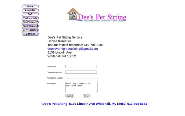 Homepage of Dees Pet Sitting – cat sitter in Whitehall Township, PA