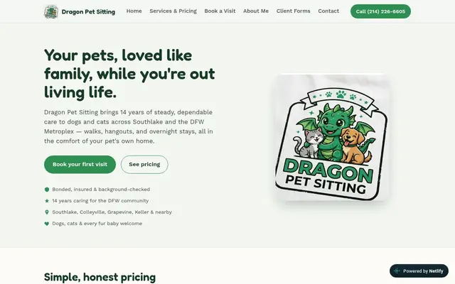 Homepage of Dragon Pet Sitting – cat sitter in Grapevine, TX