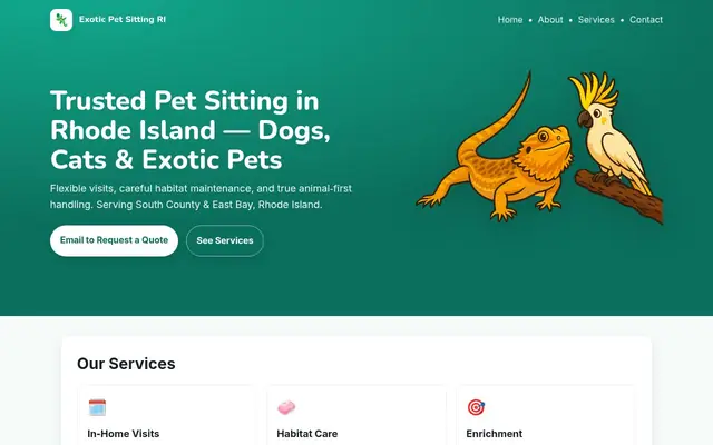 Homepage of Exotic Pet Sitting RI – cat sitter in Narragansett, RI