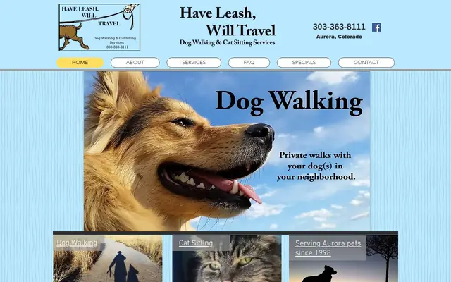 Homepage of Have Leash, Will Travel Dog Walking & Cat Sitting – cat sitter in Aurora, CO