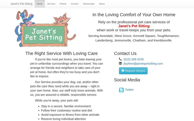 Homepage of Janet's Pet Sitting – cat sitter in Avondale, PA