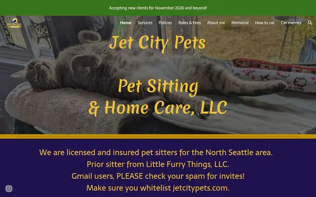 Homepage of Jet City Pets Petsitting & Home Care LLC – cat sitter in Seattle, WA