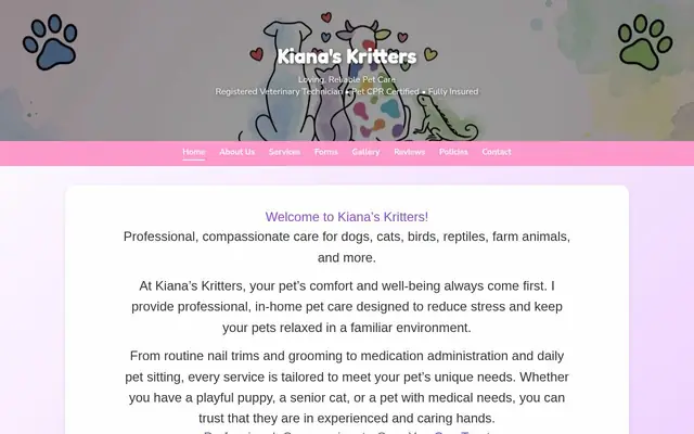 Homepage of Kiana’s Kritters – cat sitter in West Virginia