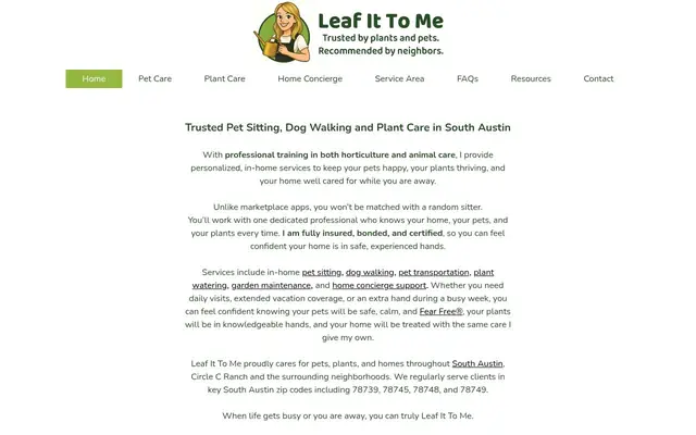 Homepage of Leaf It To Me Pet & Plant Care – cat sitter in Austin, TX