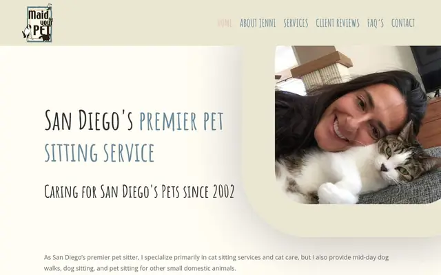 Homepage of Maid For Your Pet – cat sitter in San Diego, CA