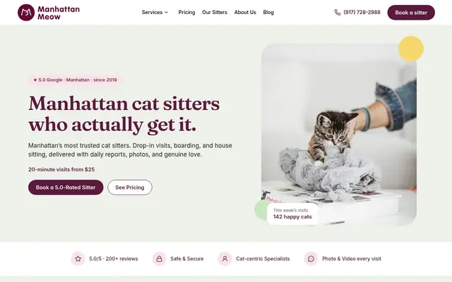Homepage of Manhattan Meow LLC – cat sitter in New York