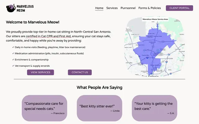 Homepage of Marvelous Meow – cat sitter in Texas