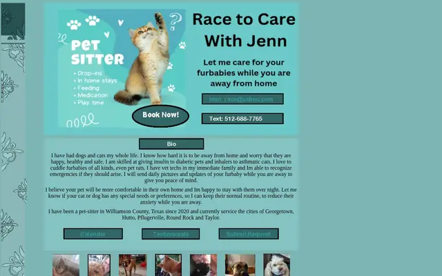 Homepage of Race to Care With Jenn – cat sitter in Hutto, TX