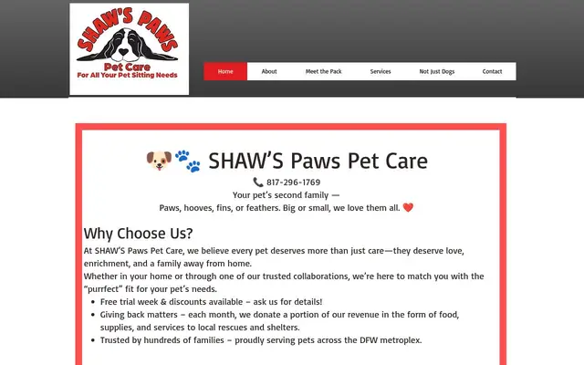Homepage of Shaw's PAWS Pet Care – cat sitter in Benbrook, TX