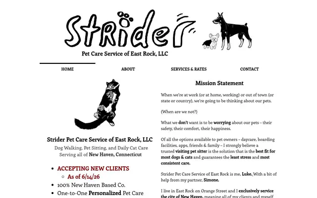 Homepage of Strider Pet Care Service of East Rock, LLC – cat sitter in East Haven, CT