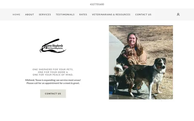 Homepage of Three Shepherds Pet & House Sitting Services – cat sitter in Midland, TX