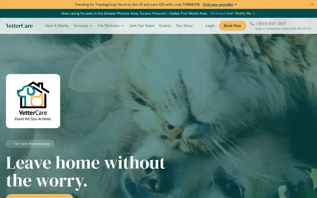 Homepage of VetterCare – cat sitter in Texas