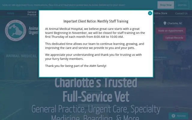 Homepage of Animal Medical Hospital & Urgent Care – cat vet in Charlotte, NC