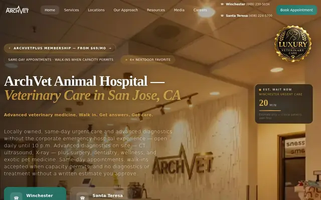 Homepage of ARCHVET Emergency Hospital – cat vet in San Jose, CA