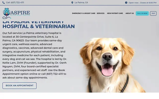 Homepage of Aspire Veterinary Center – cat vet in La Palma, CA