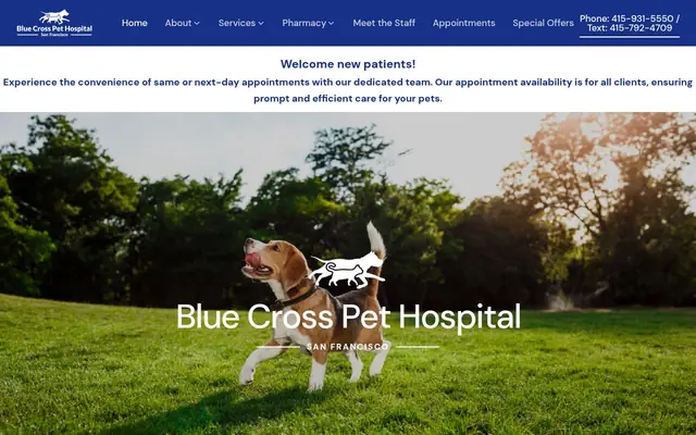 Homepage of Blue Cross Pet Hospital – cat vet in San Francisco, CA