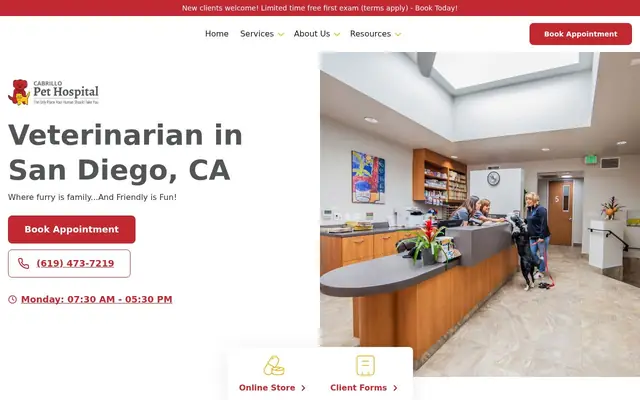 Homepage of Cabrillo Pet Hospital – cat vet in San Diego, CA