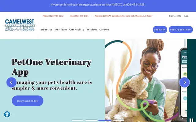 Homepage of Camelwest Animal Hospital – cat vet in Phoenix, AZ