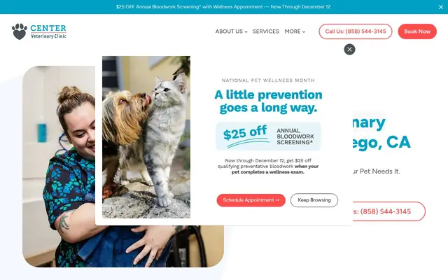Homepage of Center Veterinary Clinic and Urgent Care – cat vet in San Diego, CA
