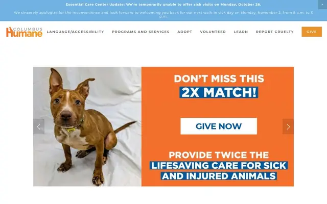 Homepage of Columbus Humane Essential Care Center – cat vet in Columbus, OH