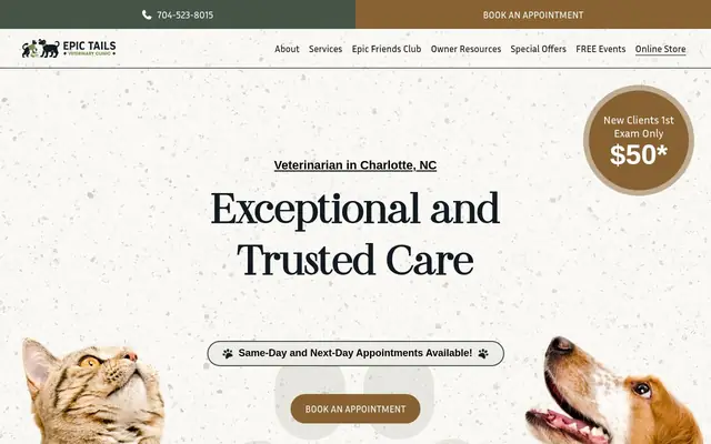 Homepage of Epic Tails Veterinary Clinic – cat vet in Charlotte, NC