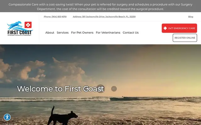 Homepage of First Coast Veterinary Specialists & Emergency – cat vet in Jacksonville Beach, FL