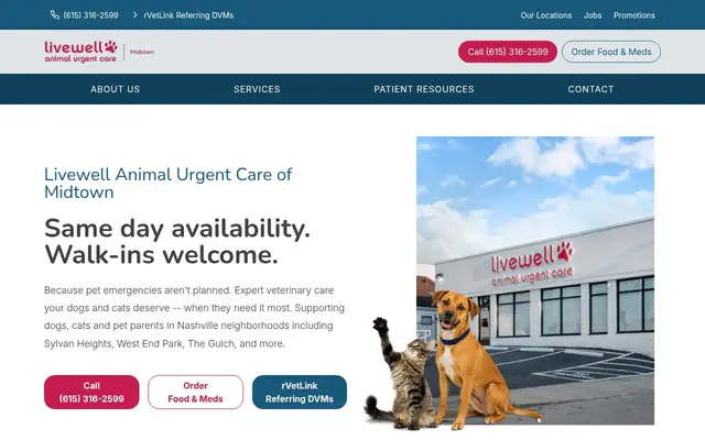 Homepage of Livewell Animal Urgent Care of Midtown – cat vet in Nashville, TN