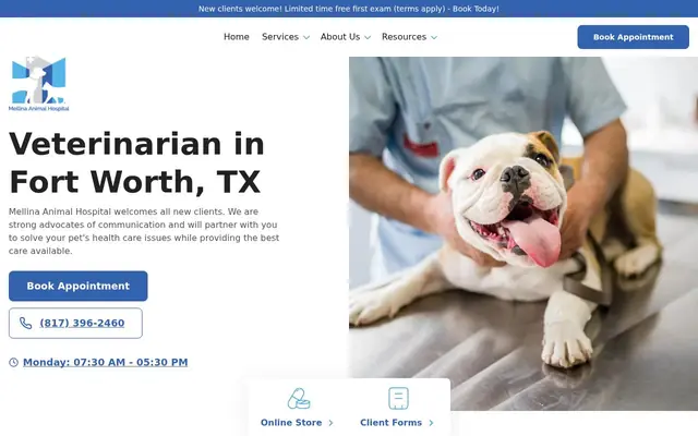 Homepage of Mellina Animal Hospital – cat vet in Fort Worth, TX