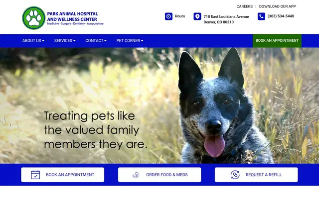 Homepage of Park Animal Hospital and Wellness Center – cat vet in Denver, CO