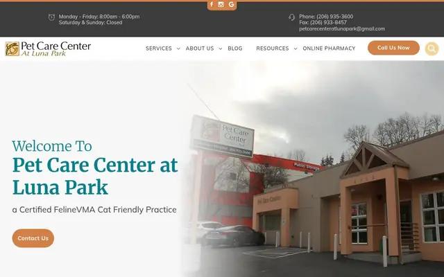 Homepage of Pet Care Center at Luna Park – cat vet in Seattle, WA