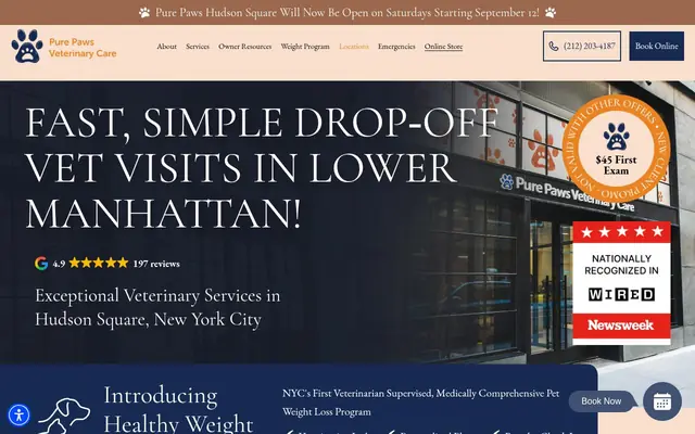 Homepage of Pure Paws Veterinary Care of Hudson Square – cat vet in New York, NY