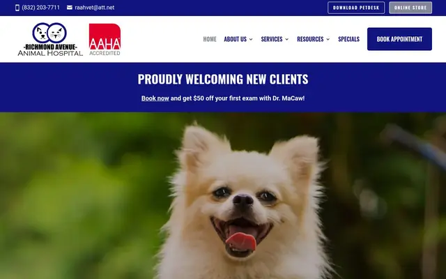 Homepage of Richmond Avenue Animal Hospital – cat vet in Houston, TX