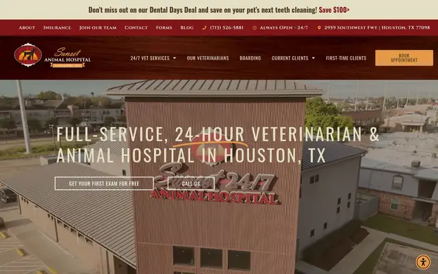 Homepage of Sunset Animal Hospital – cat vet in Houston, TX