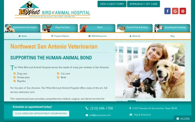 Homepage of Ten West Bird & Animal Hospital – cat vet in San Antonio, TX