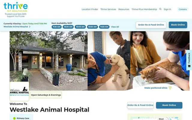 Homepage of Westlake Animal Hospital, A Thrive Pet Healthcare Partner – cat vet in Austin, TX