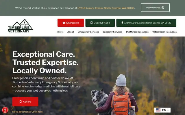 Homepage of Timberline Vet Emergency & Specialty – cat vet in Seattle, WA