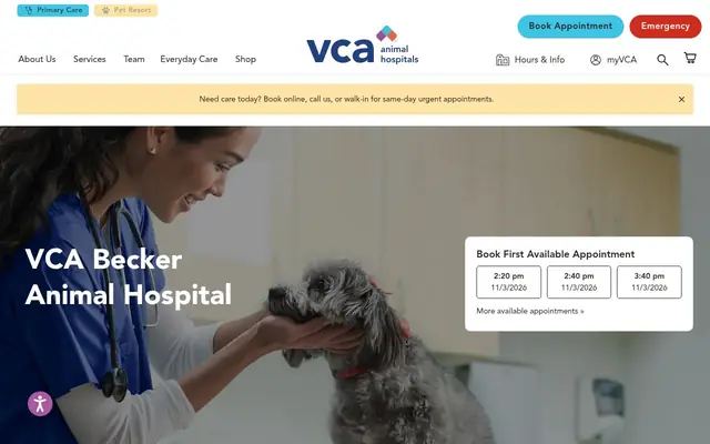 Homepage of VCA Becker Animal Hospital and Pet Resort – cat vet in San Antonio, TX