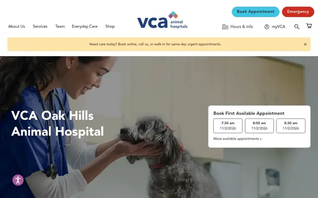 Homepage of VCA Oak Hills Animal Hospital – cat vet in San Antonio, TX